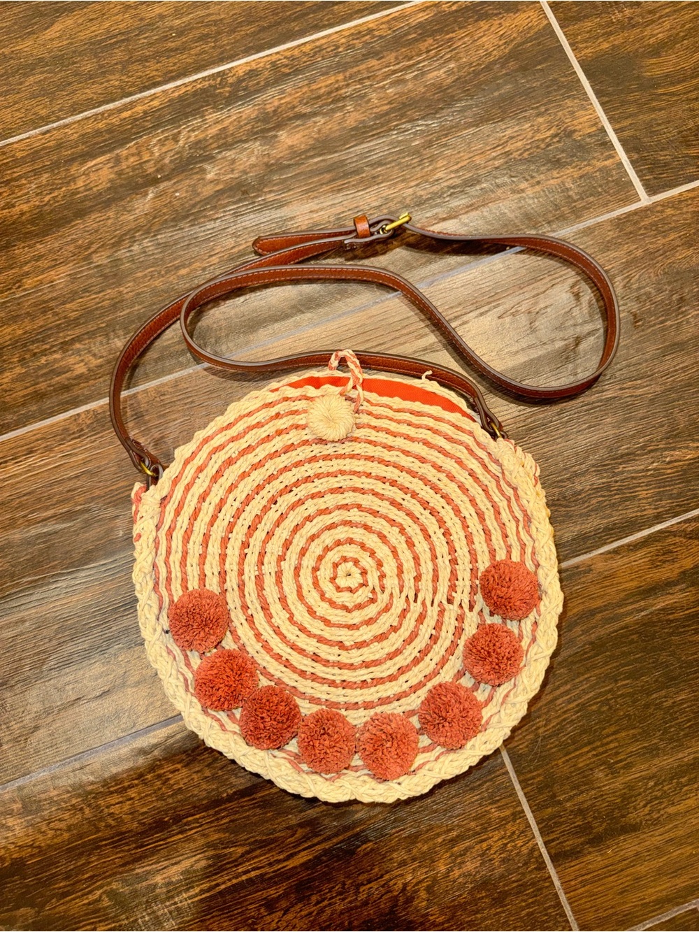 Fossil Faye Round Straw Woven Pom Pom Canteen Crossbody Bag